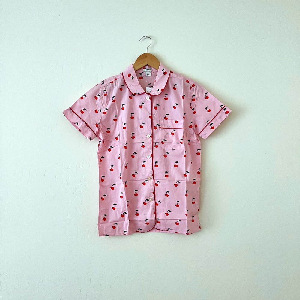 J. Crew Pink Cotton Poplin Short-Sleeved Pajama Shirt with Cherry Print, XS